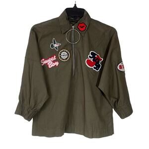 Zara Cropped Jacket Womens Size XS Green Pullover Half Zip 3/4 Sleeve Patches